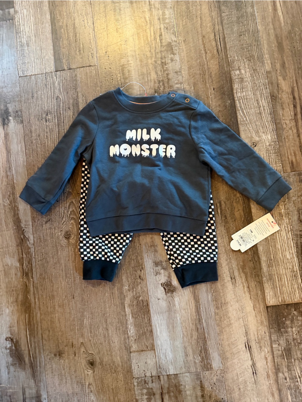 Cat & Jack black "Milk Monster" Sweatshirt Set with Checkerboard Leggings